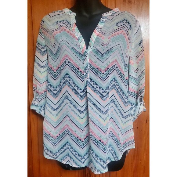 Maurices Tops - Maurices Tab Sleeve Blouse Top Multicolored Flowy V-Neck Button Shirt Size S